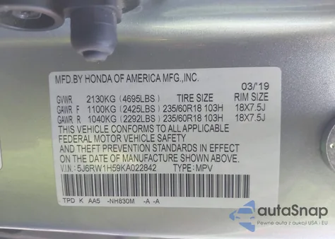 2019 Honda Cr-V Ex из США, поврежденный, VIN 5J6RW1H59KA022842